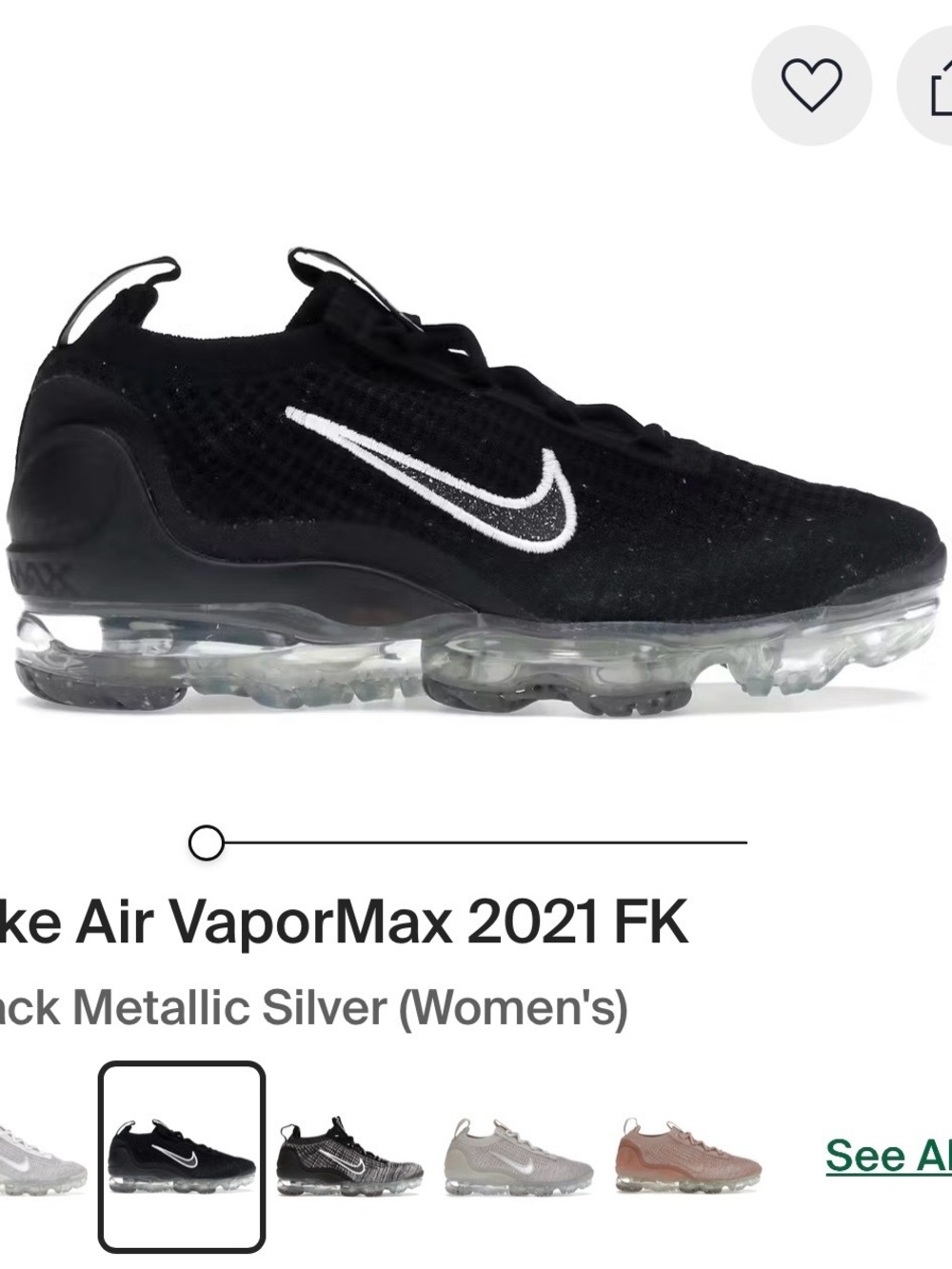 Nike Air VaporMax 2021 FK Black Metallic Silver (Women's) size 6.5